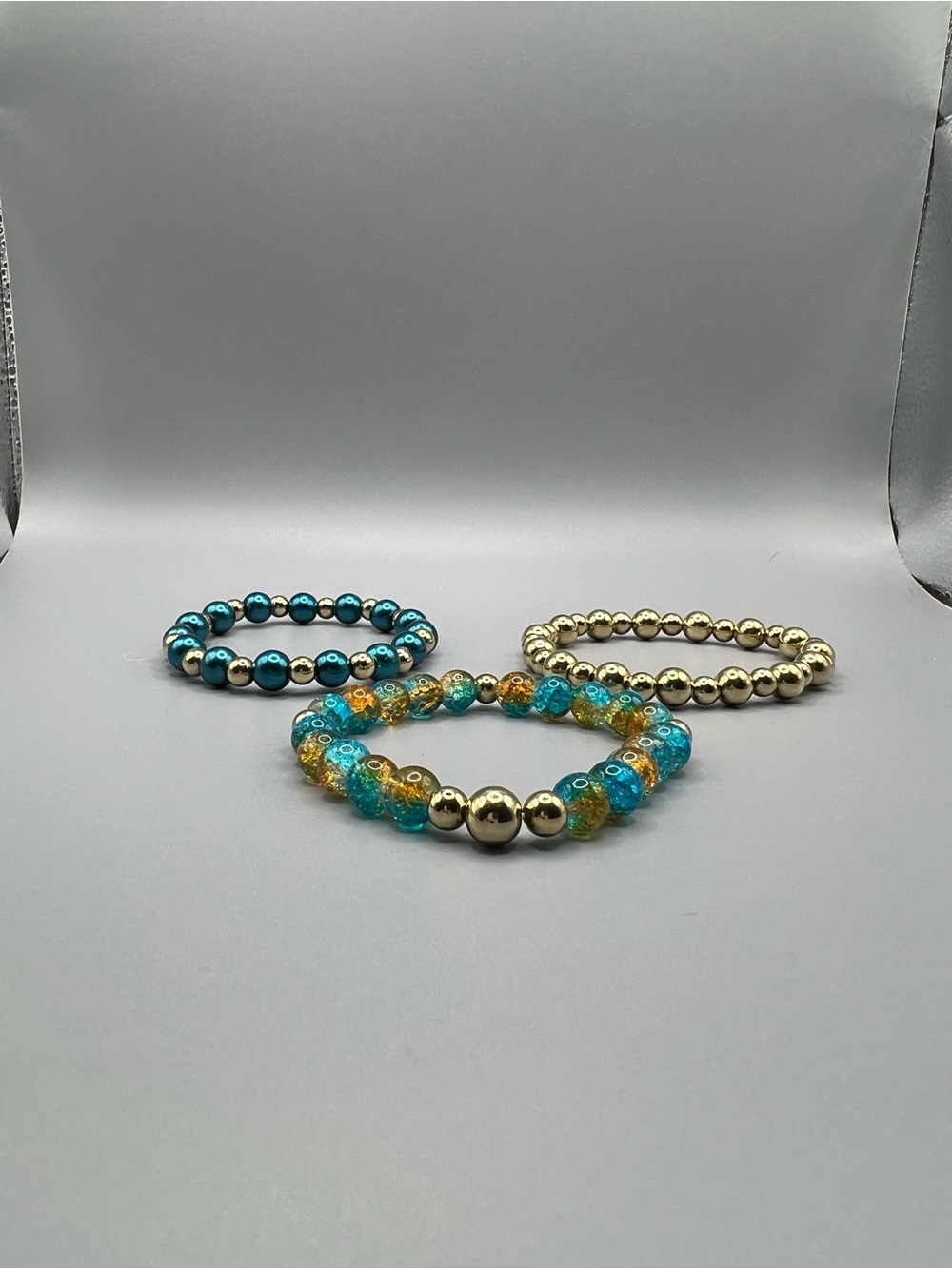 Gold and Teal Glass Bead Stretch Bracelet Trio - Handmade #B0117T